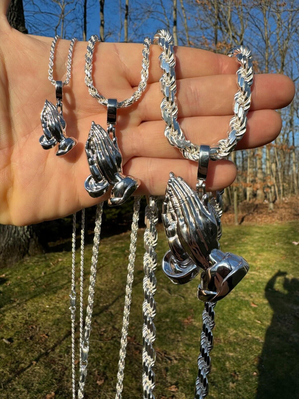 Praying Folded Hands Religious Pendant - 925 Silver - 3 Sizes 1.25"-2.75"