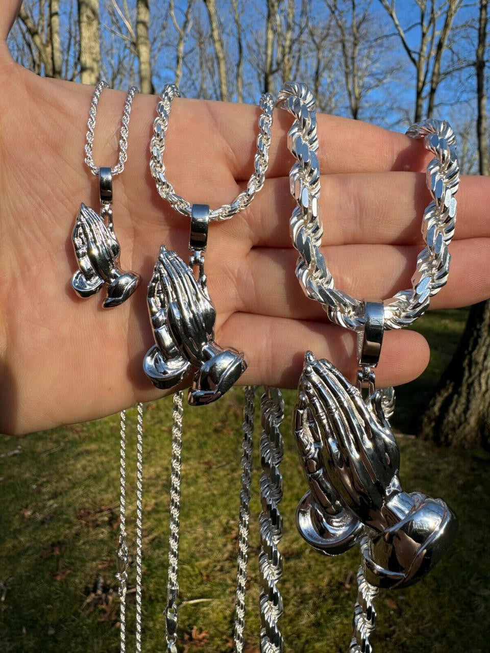 Praying Folded Hands Religious Pendant - 925 Silver - 3 Sizes 1.25"-2.75"