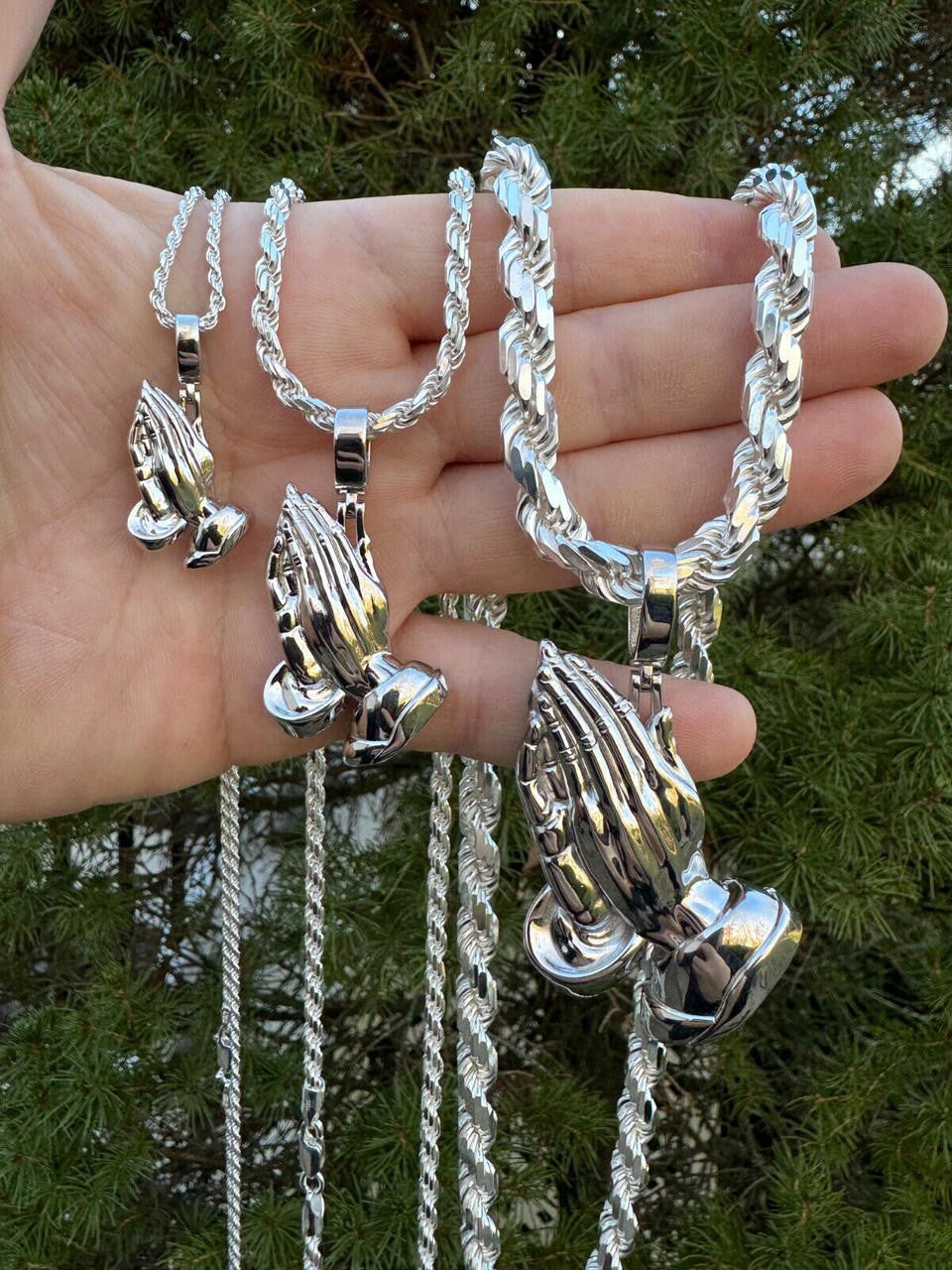 Praying Folded Hands Religious Pendant - 925 Silver - 3 Sizes 1.25"-2.75"