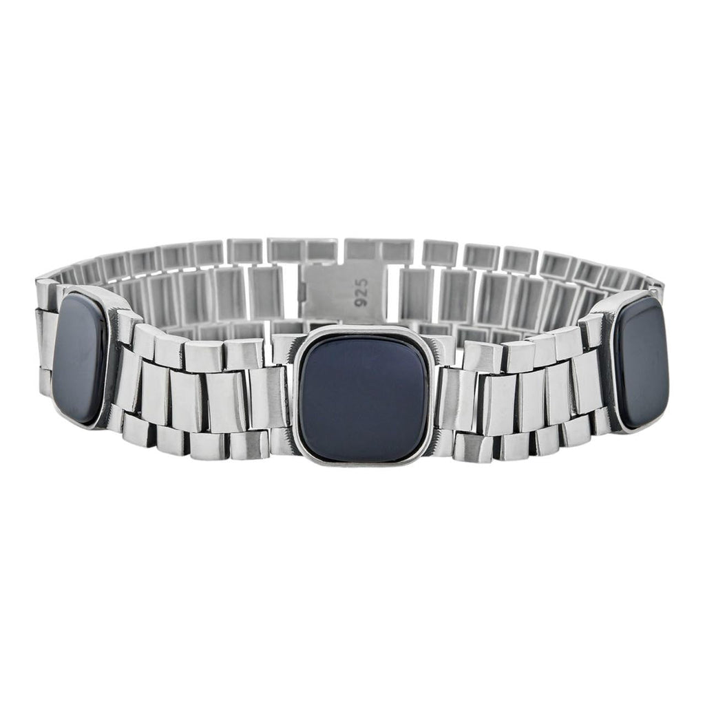 Presidential Bracelet W. Natural Black Onyx Motifs - 925 Sterling Silver Oxidized Gunmetal - 7"-9" - 15mm