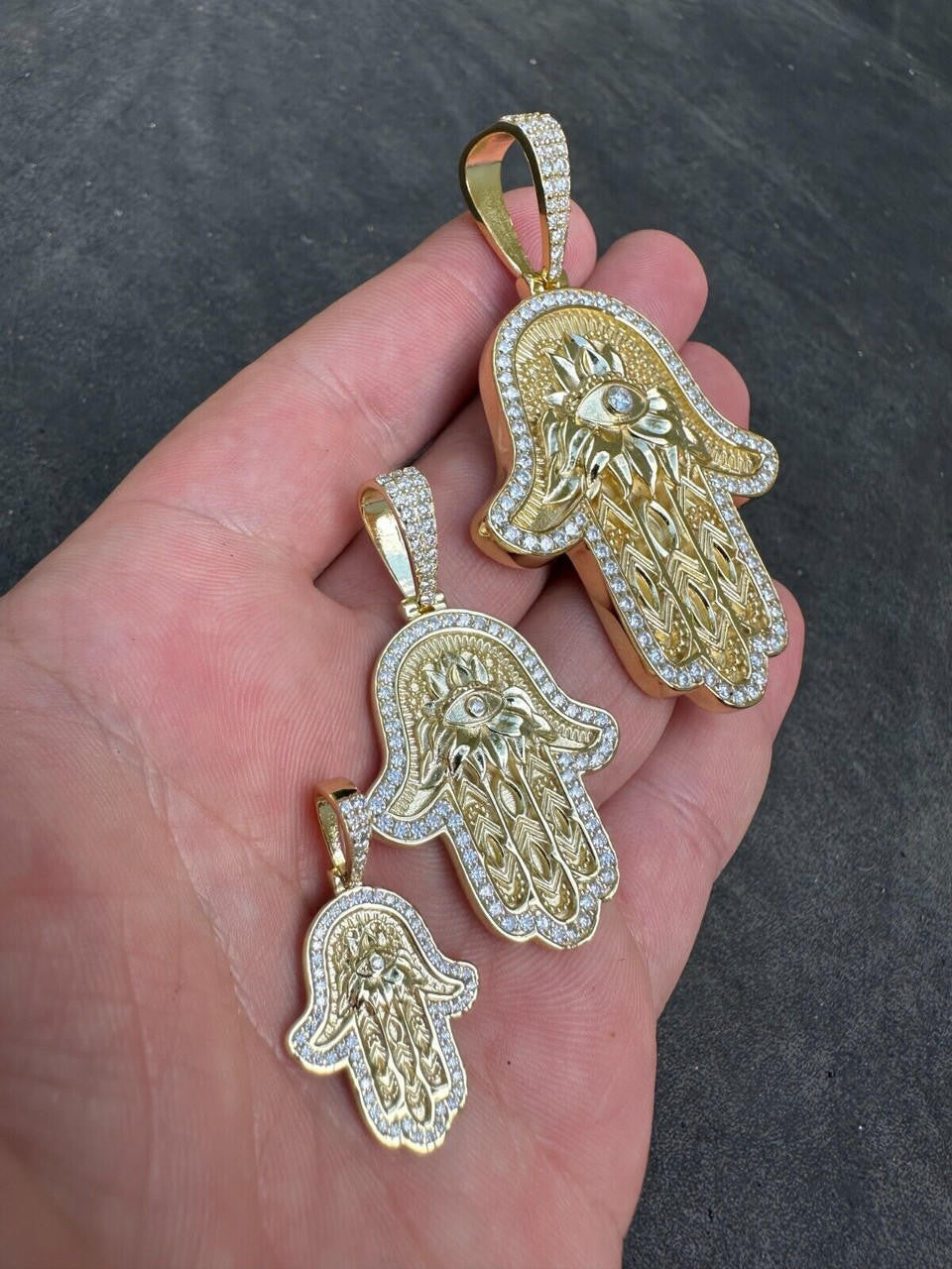 MOISSANITE Hamsa Evil Eye Hand Pendant - 14k Gold Vermeil 925 Silver - 3 Sizes 1.25"-2.75"
