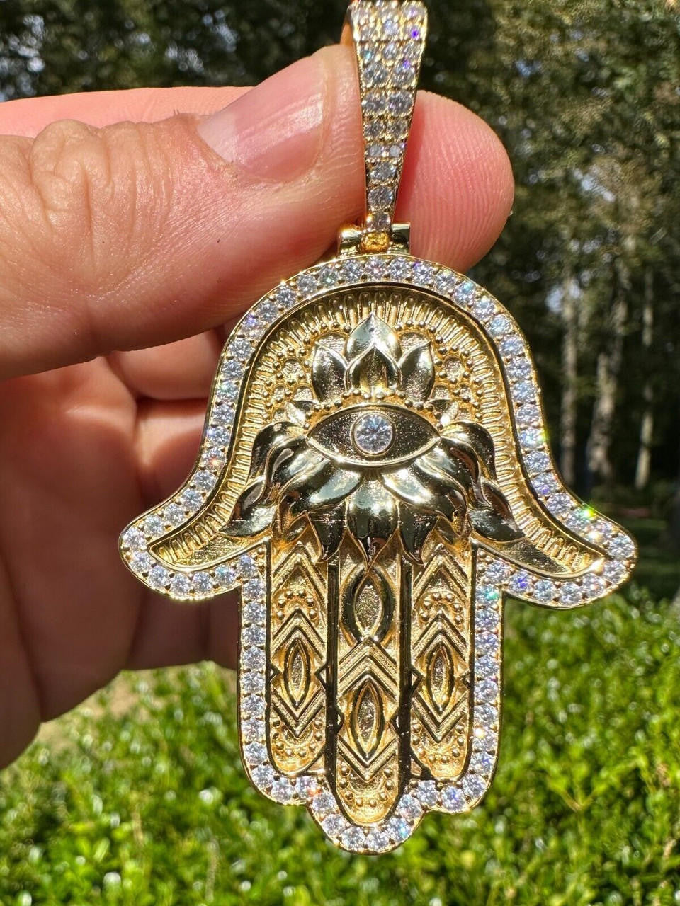 MOISSANITE Hamsa Evil Eye Hand Pendant - 14k Gold Vermeil 925 Silver - 3 Sizes 1.25"-2.75"