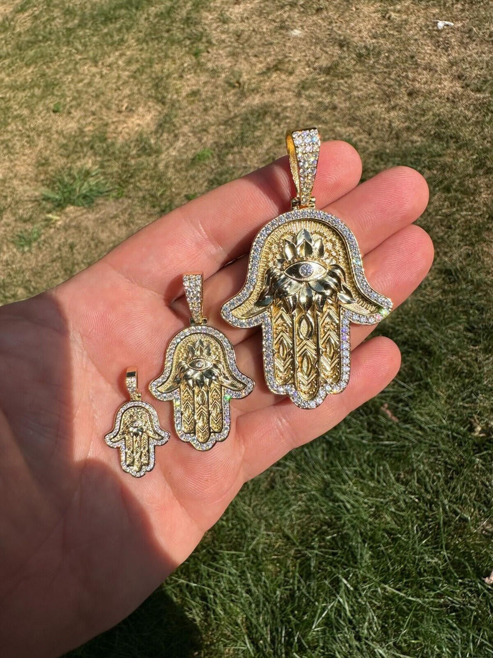 MOISSANITE Hamsa Evil Eye Hand Pendant - 14k Gold Vermeil 925 Silver - 3 Sizes 1.25"-2.75"