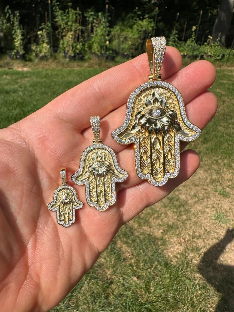 MOISSANITE Hamsa Evil Eye Hand Pendant - 14k Gold Vermeil 925 Silver - 3 Sizes 1.25"-2.75"