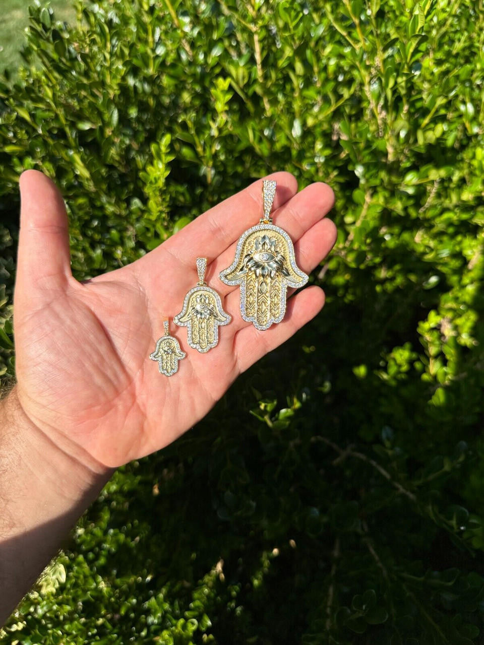 MOISSANITE Hamsa Evil Eye Hand Pendant - 14k Gold Vermeil 925 Silver - 3 Sizes 1.25"-2.75"