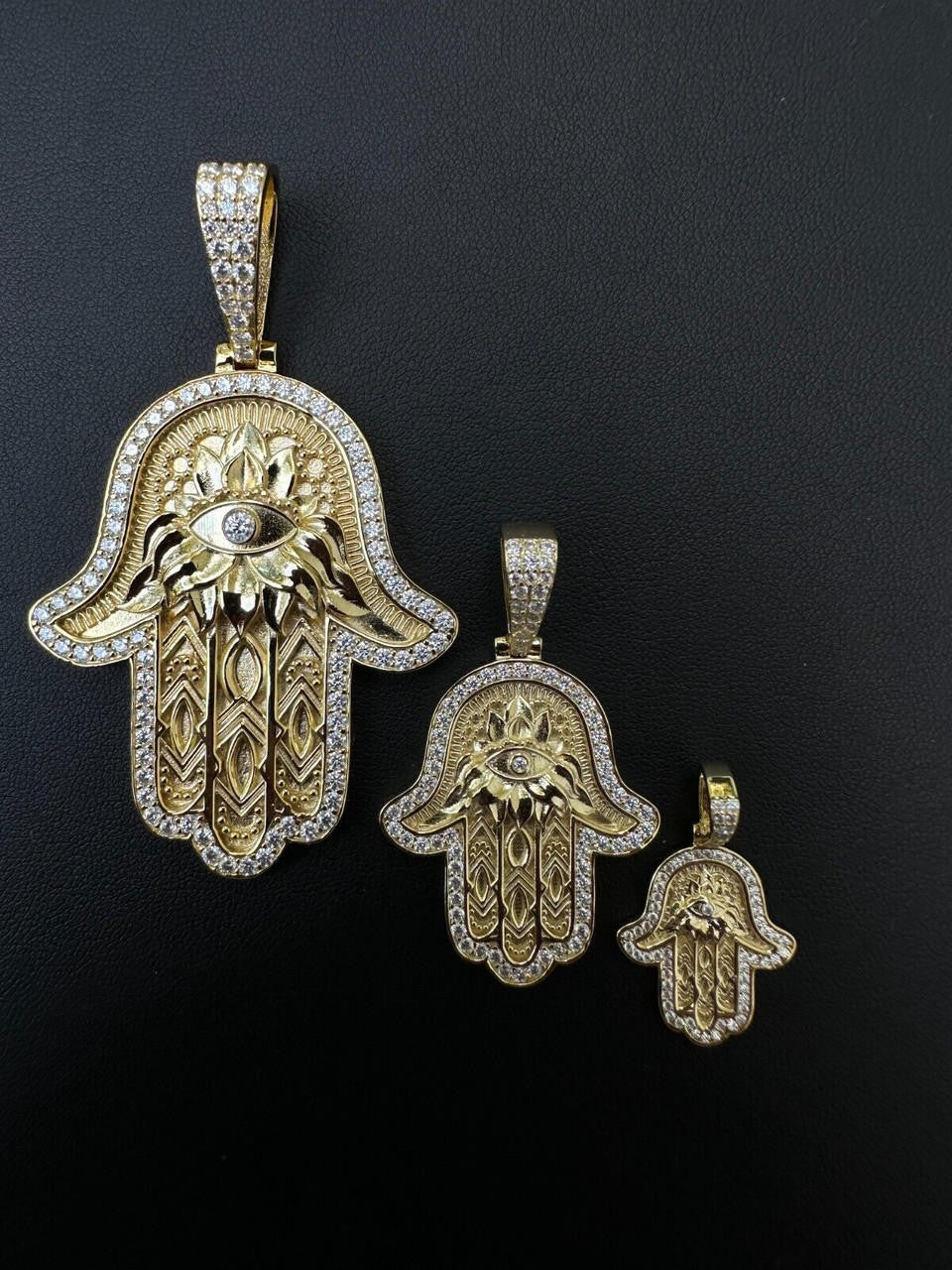 MOISSANITE Hamsa Evil Eye Hand Pendant - 14k Gold Vermeil 925 Silver - 3 Sizes 1.25"-2.75"