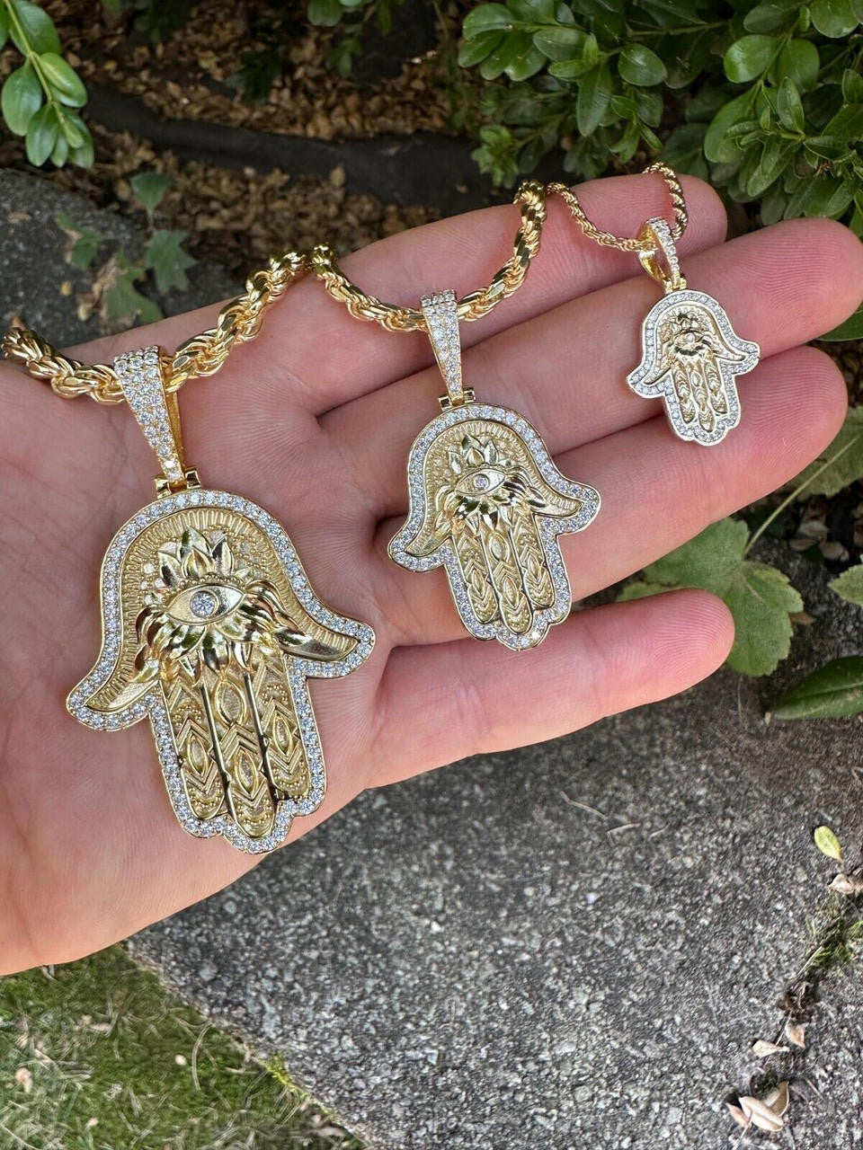 MOISSANITE Hamsa Evil Eye Hand Pendant - 14k Gold Vermeil 925 Silver - 3 Sizes 1.25"-2.75"
