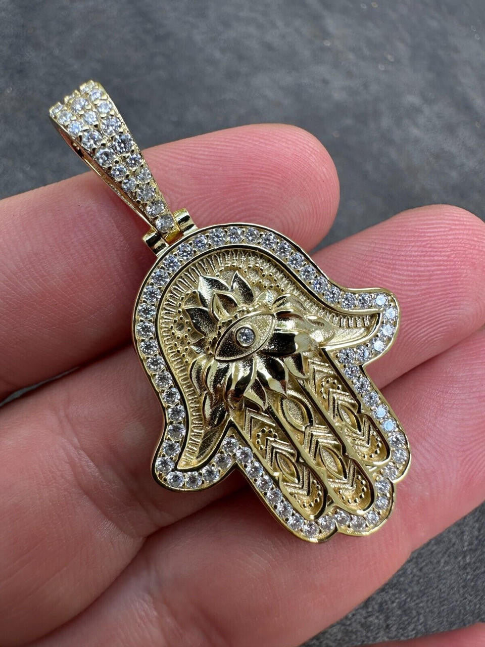 MOISSANITE Hamsa Evil Eye Hand Pendant - 14k Gold Vermeil 925 Silver - 3 Sizes 1.25"-2.75"
