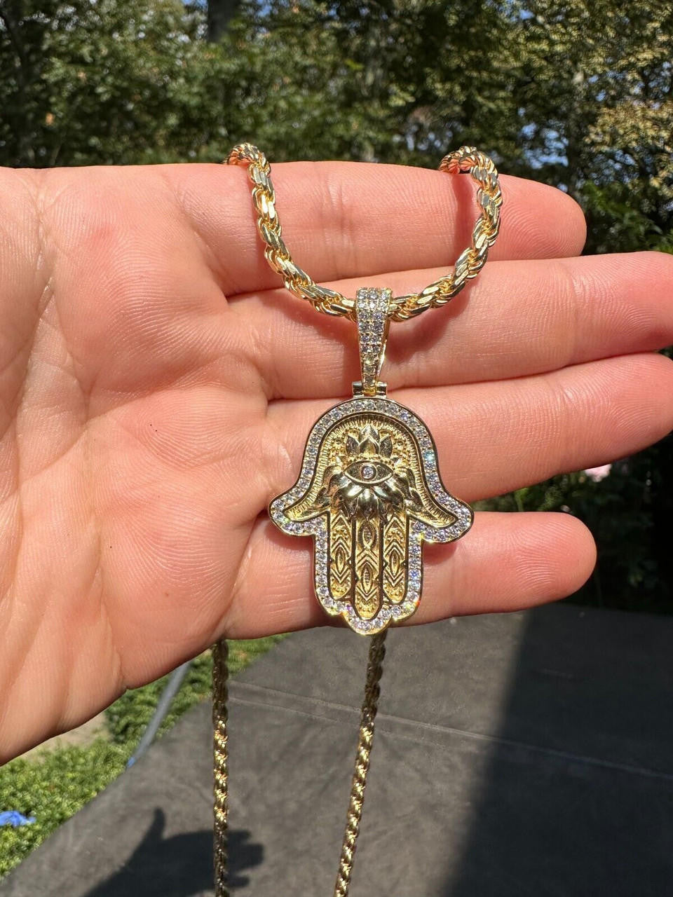 MOISSANITE Hamsa Evil Eye Hand Pendant - 14k Gold Vermeil 925 Silver - 3 Sizes 1.25"-2.75"