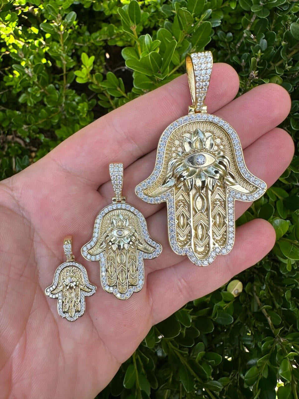 MOISSANITE Hamsa Evil Eye Hand Pendant - 14k Gold Vermeil 925 Silver - 3 Sizes 1.25"-2.75"