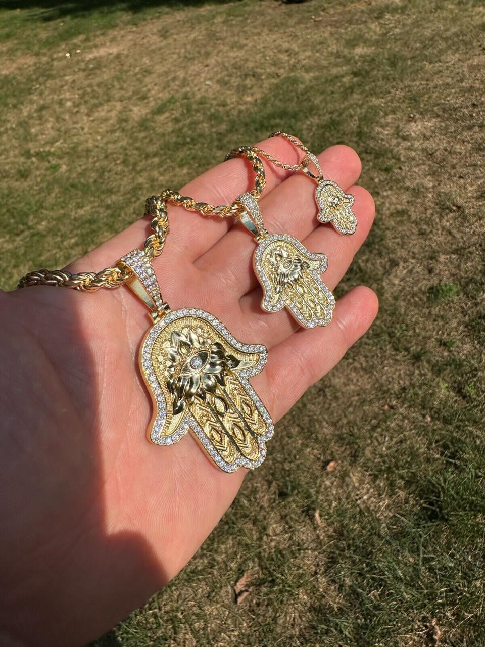 MOISSANITE Hamsa Evil Eye Hand Pendant - 14k Gold Vermeil 925 Silver - 3 Sizes 1.25"-2.75"