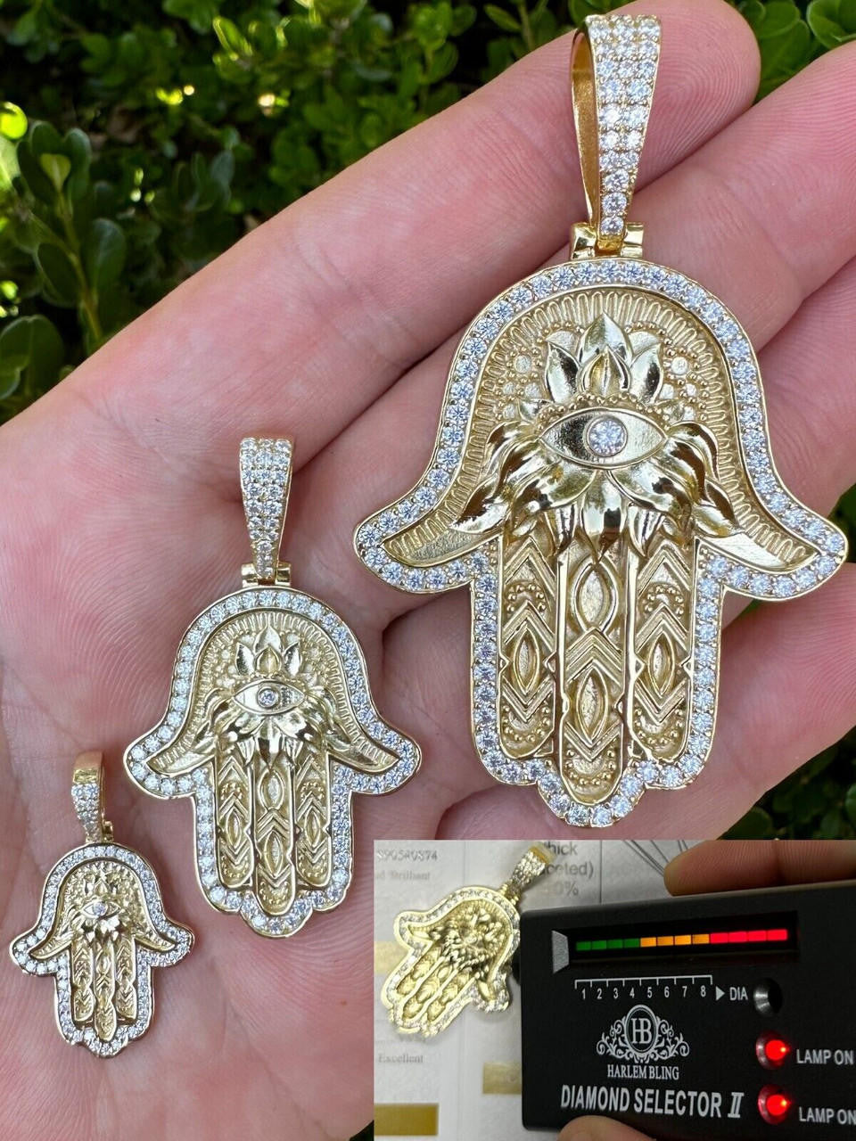MOISSANITE Hamsa Evil Eye Hand Pendant - 14k Gold Vermeil 925 Silver - 3 Sizes 1.25"-2.75"