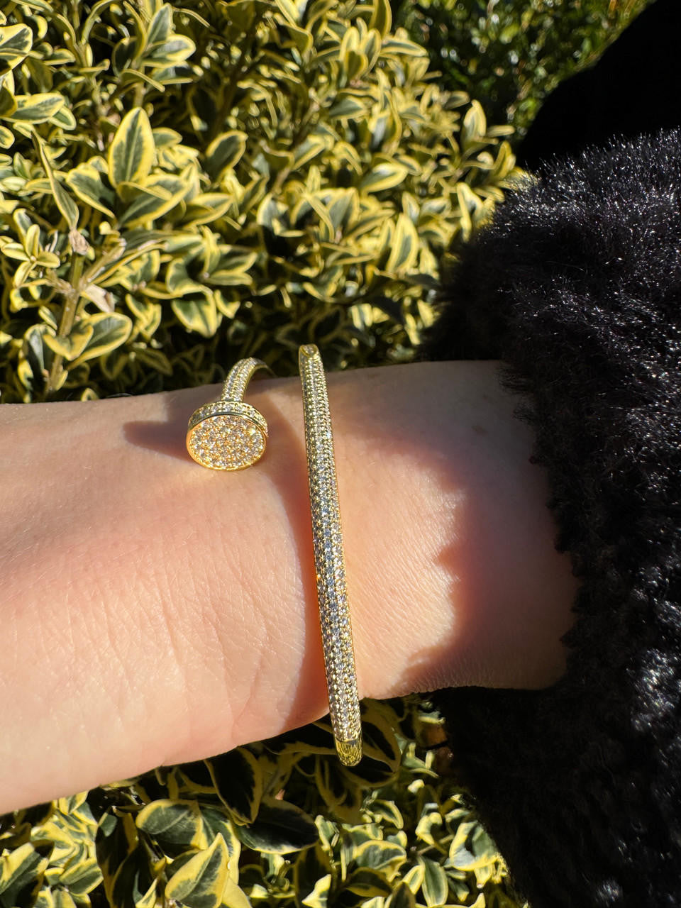 Nail Bangle Bracelet Iced Out CZ Stones - 14k Gold Vermeil 925 Silver - 6"-7.5"