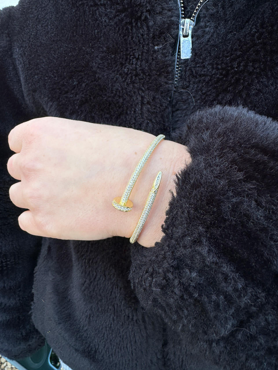 Nail Bangle Bracelet Iced Out CZ Stones - 14k Gold Vermeil 925 Silver - 6"-7.5"