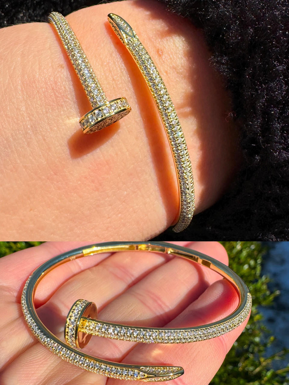 Nail Bangle Bracelet Iced Out CZ Stones - 14k Gold Vermeil 925 Silver - 6"-7.5"