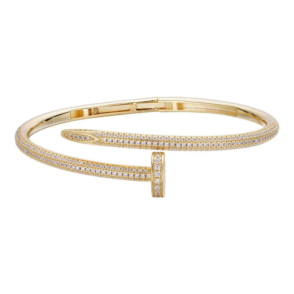 Nail Bangle Bracelet Iced Out CZ Stones - 14k Gold Vermeil 925 Silver - 6"-7.5"