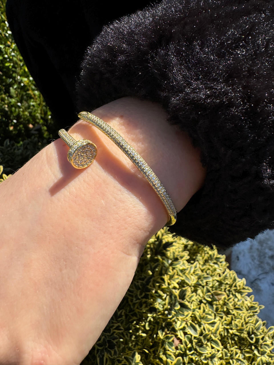 Nail Bangle Bracelet Iced Out CZ Stones - 14k Gold Vermeil 925 Silver - 6"-7.5"