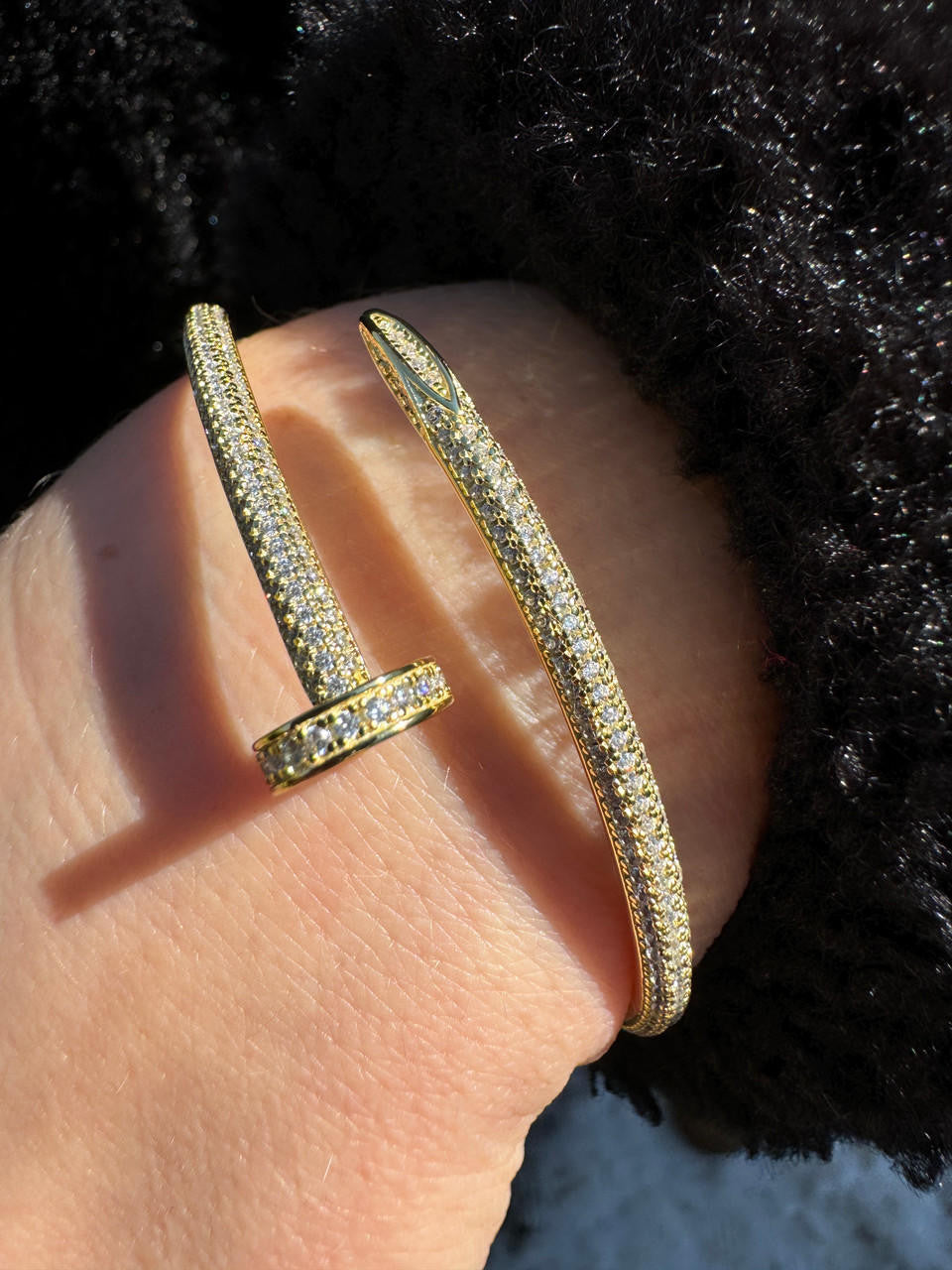 Nail Bangle Bracelet Iced Out CZ Stones - 14k Gold Vermeil 925 Silver - 6"-7.5"