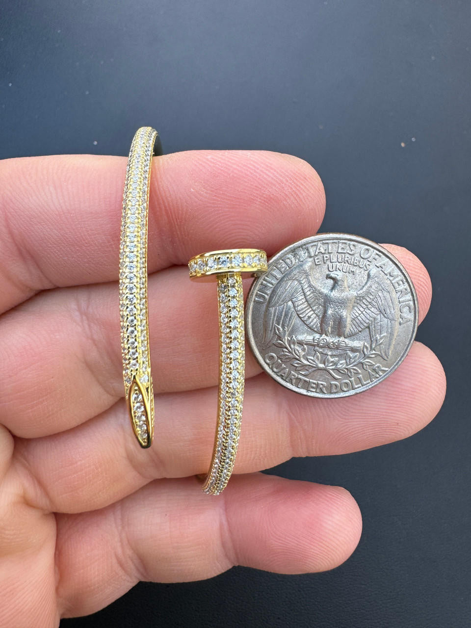 Nail Bangle Bracelet Iced Out CZ Stones - 14k Gold Vermeil 925 Silver - 6"-7.5"