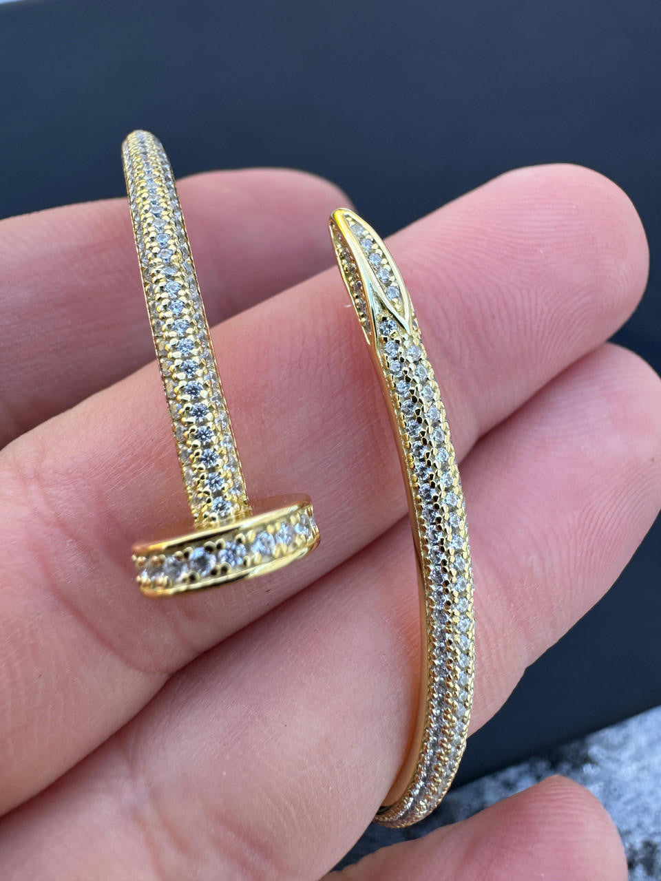 Nail Bangle Bracelet Iced Out CZ Stones - 14k Gold Vermeil 925 Silver - 6"-7.5"
