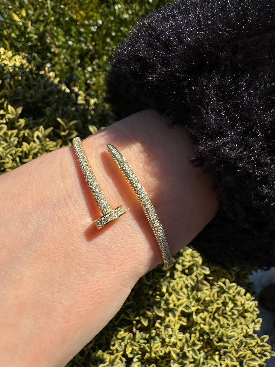 Nail Bangle Bracelet Iced Out CZ Stones - 14k Gold Vermeil 925 Silver - 6"-7.5"