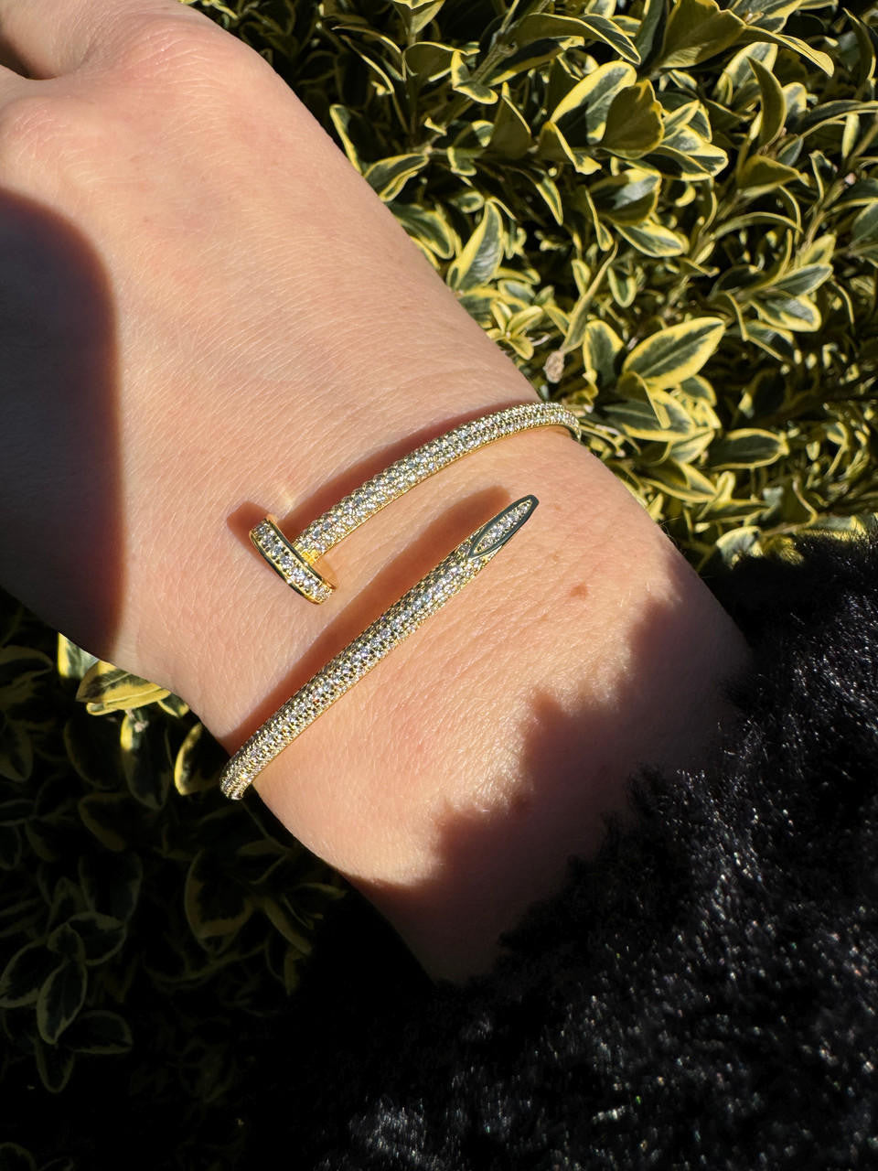 Nail Bangle Bracelet Iced Out CZ Stones - 14k Gold Vermeil 925 Silver - 6"-7.5"
