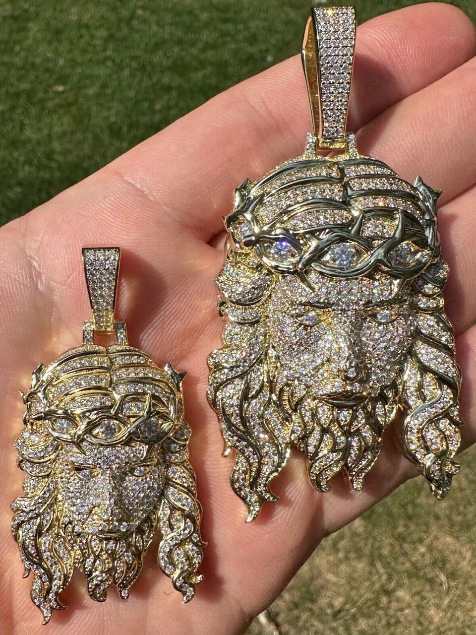 Jesus Bust Down Pendant - 14k Gold Vermeil 925 Silver - CZ Stones - 2 Sizes 2.25"-3"