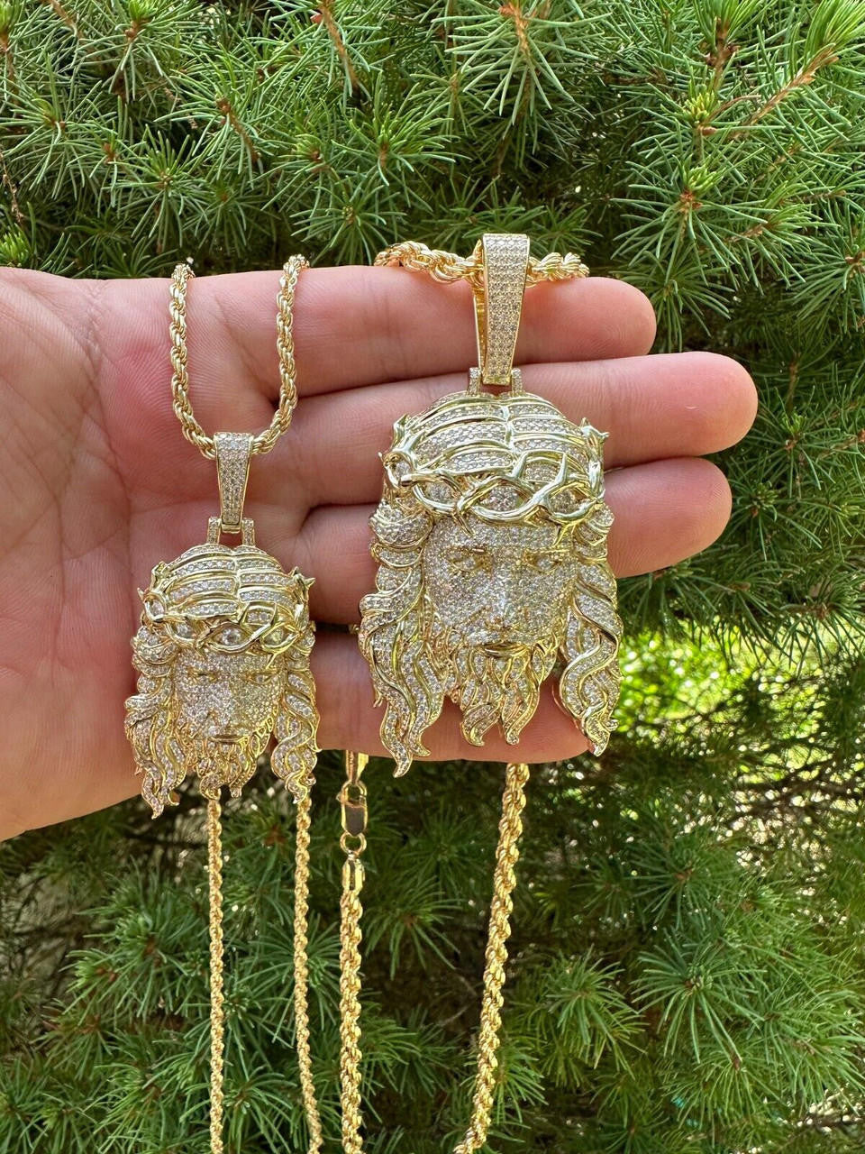 Jesus Bust Down Pendant - 14k Gold Vermeil 925 Silver - CZ Stones - 2 Sizes 2.25"-3"