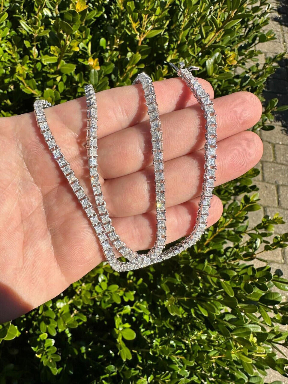 REAL 3mm MOISSANITE Princess Cut Square Tennis Chain Necklace 925 Silver Hip Hop