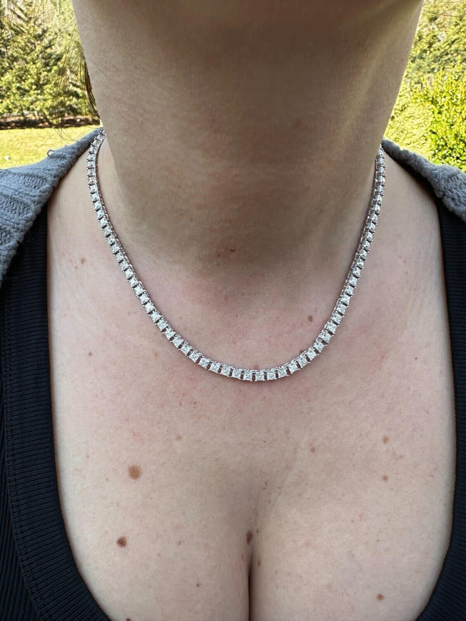 REAL 3mm MOISSANITE Princess Cut Square Tennis Chain Necklace 925 Silver Hip Hop