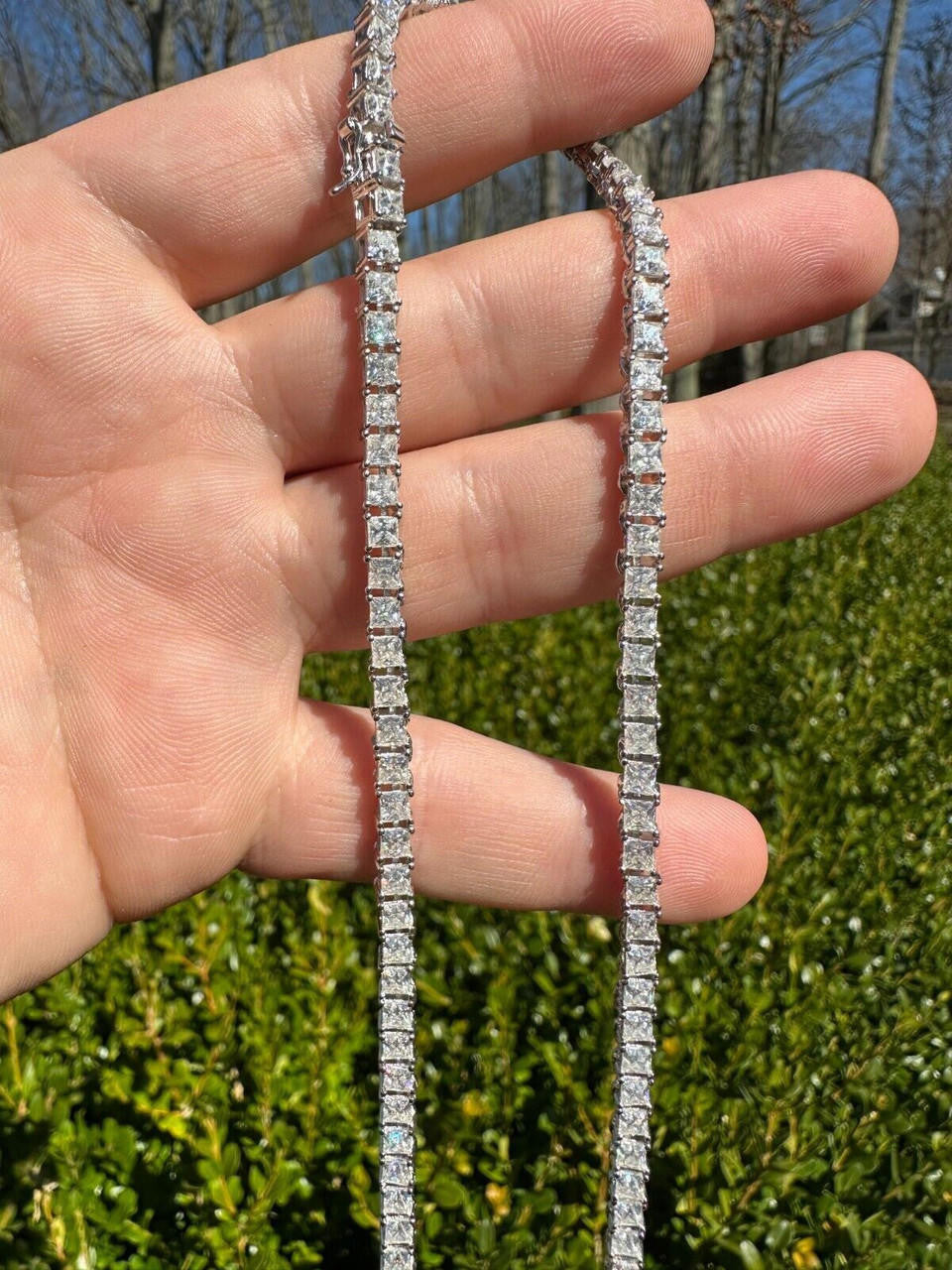 REAL 3mm MOISSANITE Princess Cut Square Tennis Chain Necklace 925 Silver Hip Hop