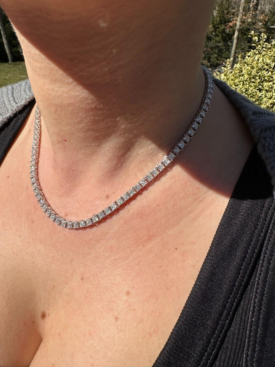 REAL 3mm MOISSANITE Princess Cut Square Tennis Chain Necklace 925 Silver Hip Hop