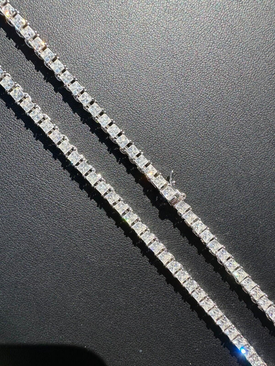 REAL 3mm MOISSANITE Princess Cut Square Tennis Chain Necklace 925 Silver Hip Hop