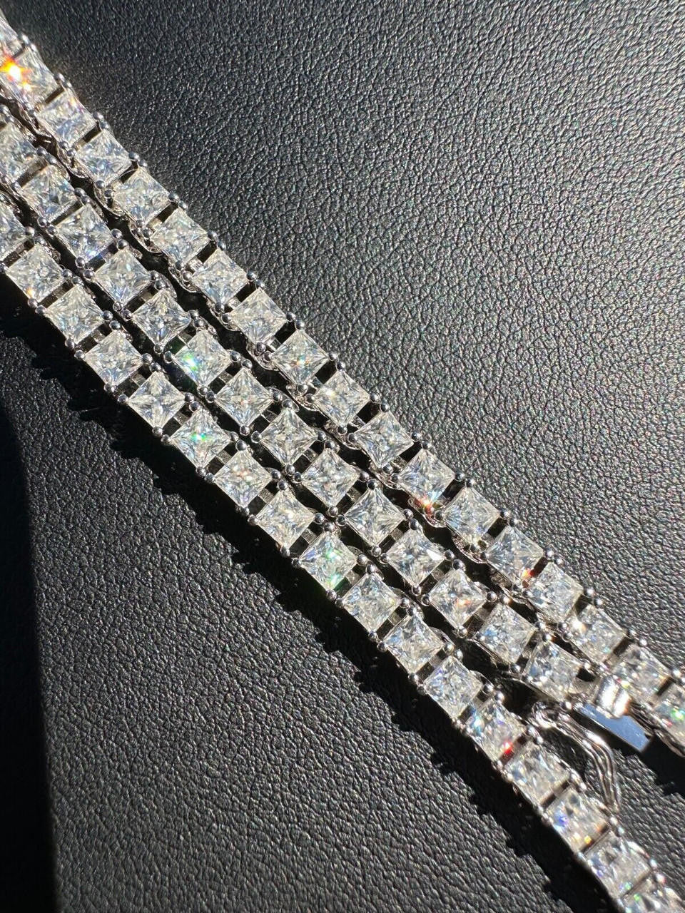 REAL 3mm MOISSANITE Princess Cut Square Tennis Chain Necklace 925 Silver Hip Hop