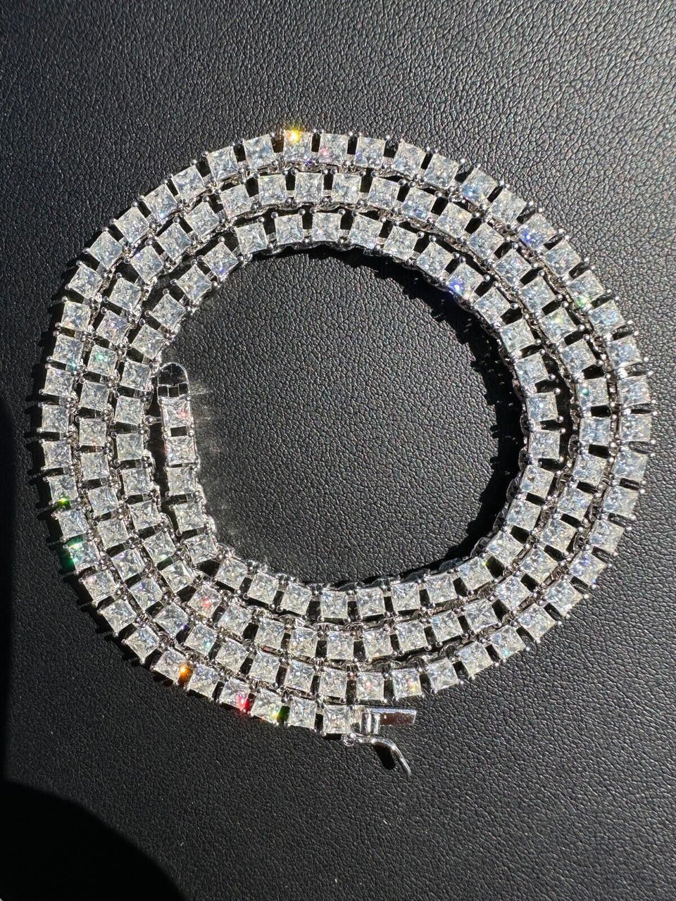 REAL 3mm MOISSANITE Princess Cut Square Tennis Chain Necklace 925 Silver Hip Hop