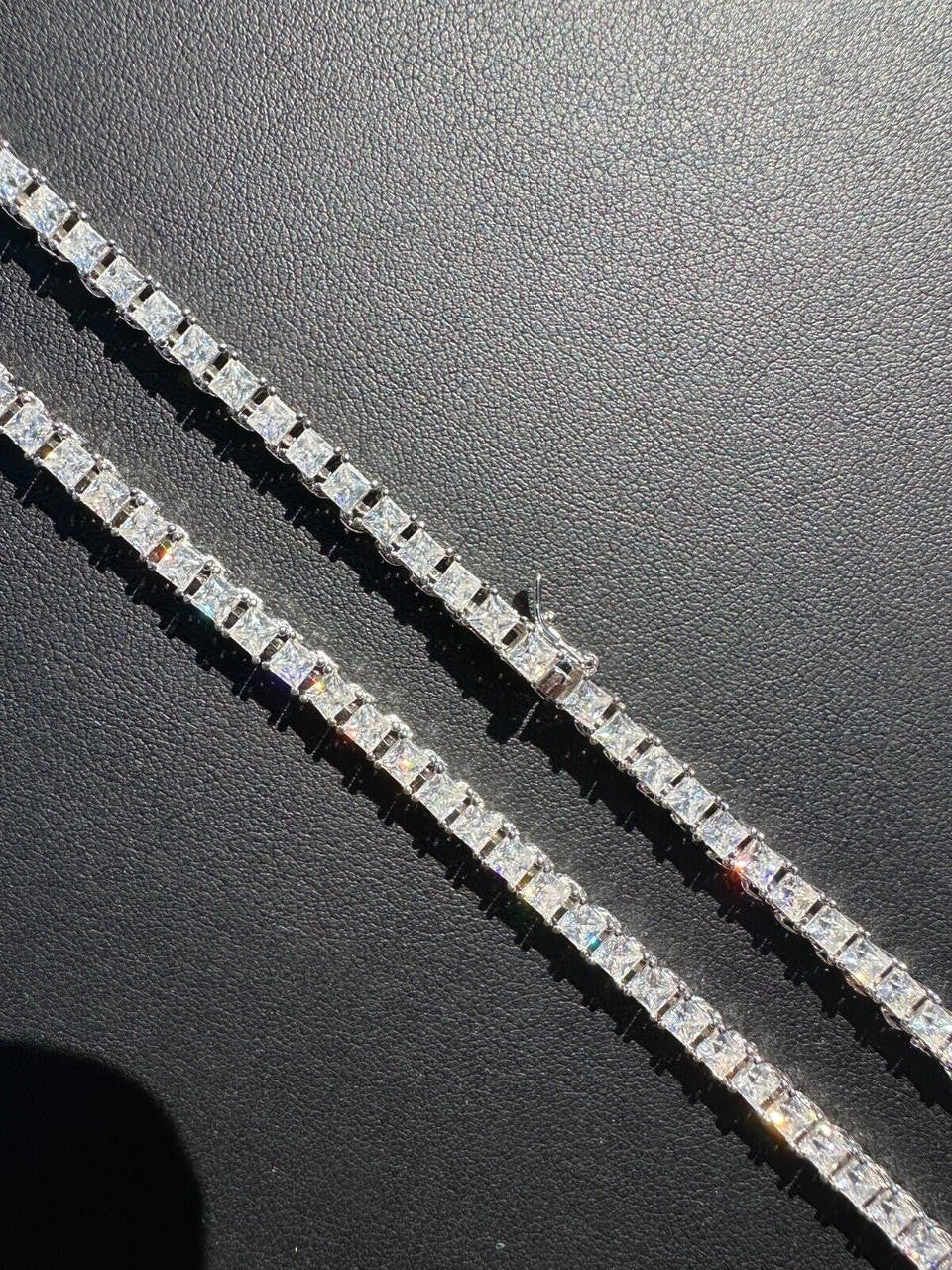 REAL 3mm MOISSANITE Princess Cut Square Tennis Chain Necklace 925 Silver Hip Hop
