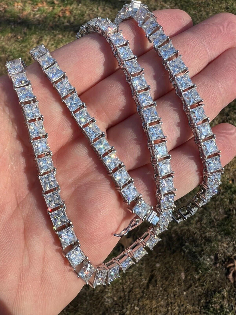 REAL 5mm MOISSANITE Princess Cut Square Tennis Chain Necklace Pass Diamond Tester