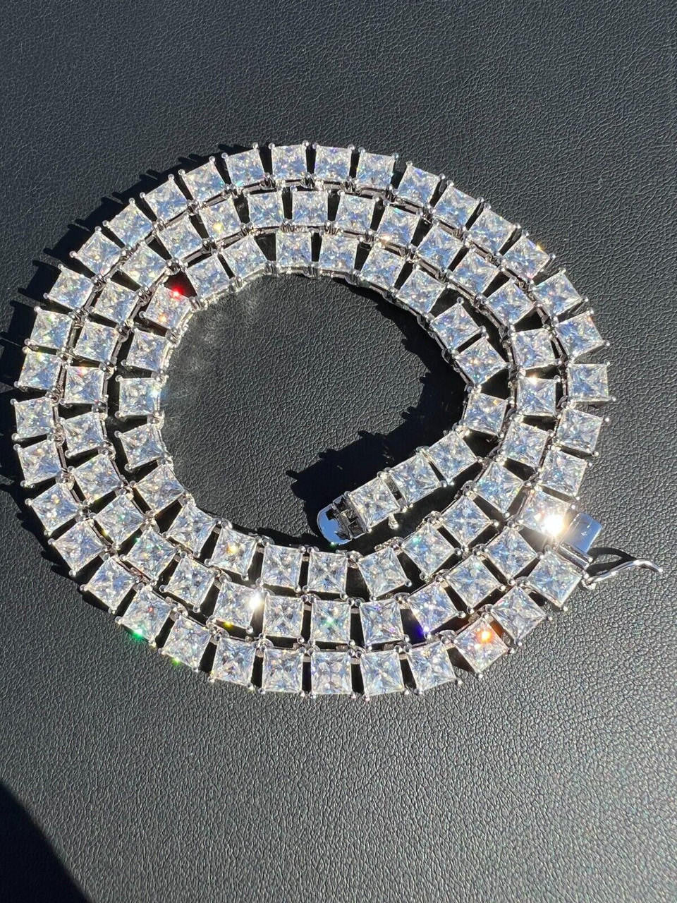 REAL 5mm MOISSANITE Princess Cut Square Tennis Chain Necklace Pass Diamond Tester