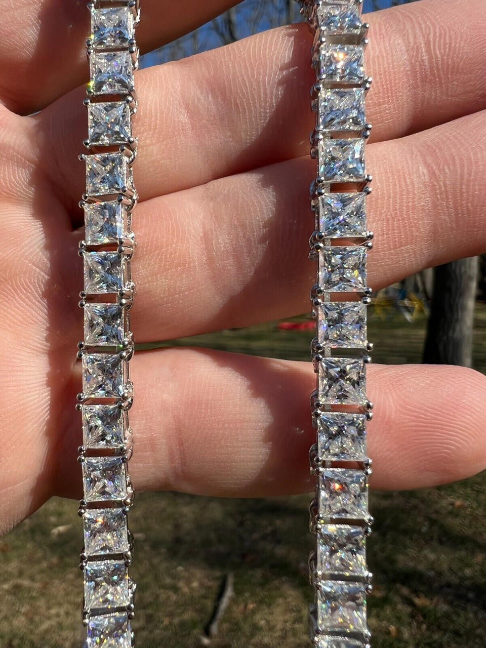 REAL 5mm MOISSANITE Princess Cut Square Tennis Chain Necklace Pass Diamond Tester