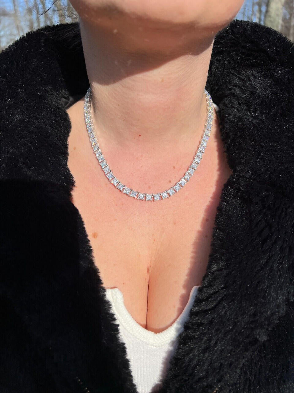 REAL 5mm MOISSANITE Princess Cut Square Tennis Chain Necklace Pass Diamond Tester