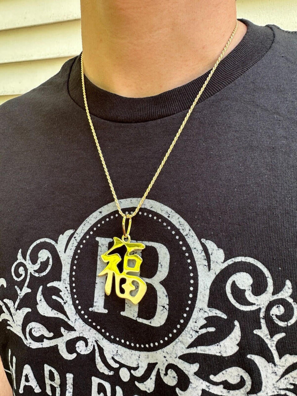 Real 925 Silver / 14k Gold Plated Chinese FU Symbol Good Luck Fortune 2" Pendant