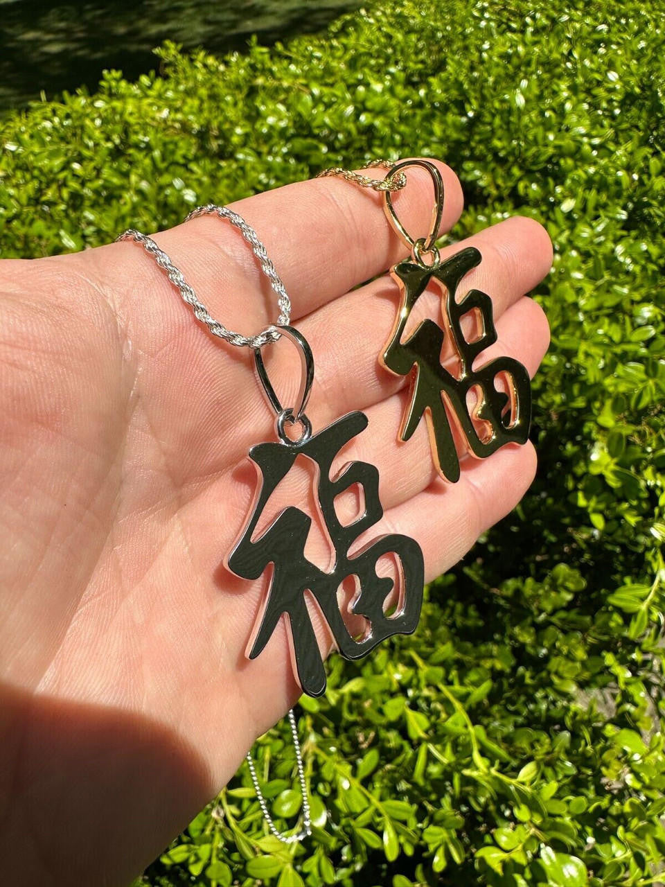 Real 925 Silver / 14k Gold Plated Chinese FU Symbol Good Luck Fortune 2" Pendant
