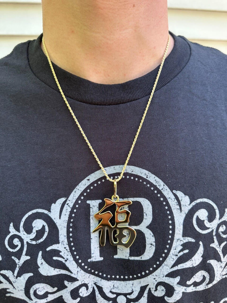Real 925 Silver / 14k Gold Plated Chinese FU Symbol Good Luck Fortune 2" Pendant