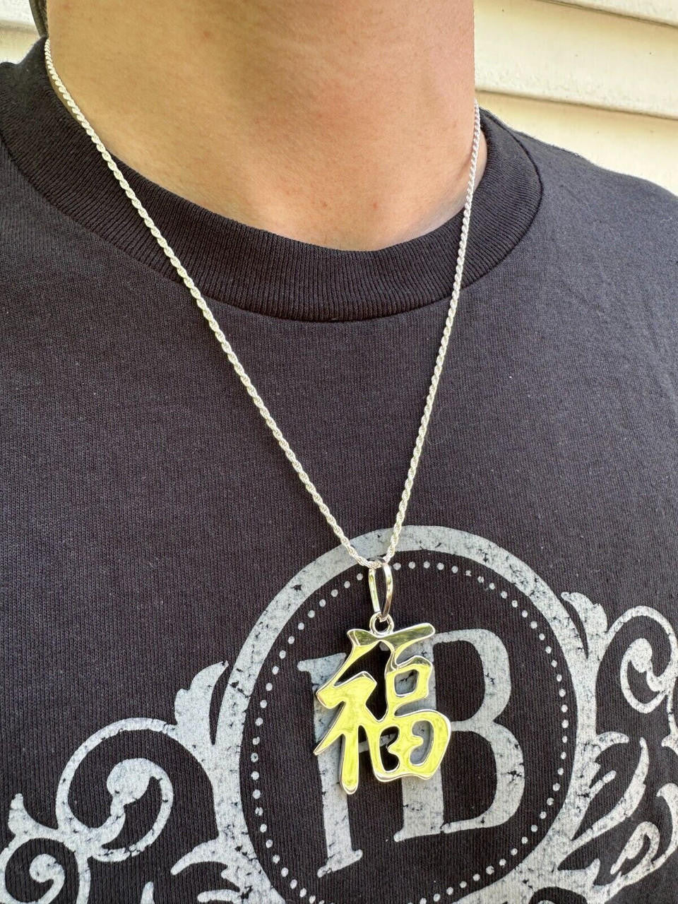 Real 925 Silver / 14k Gold Plated Chinese FU Symbol Good Luck Fortune 2" Pendant
