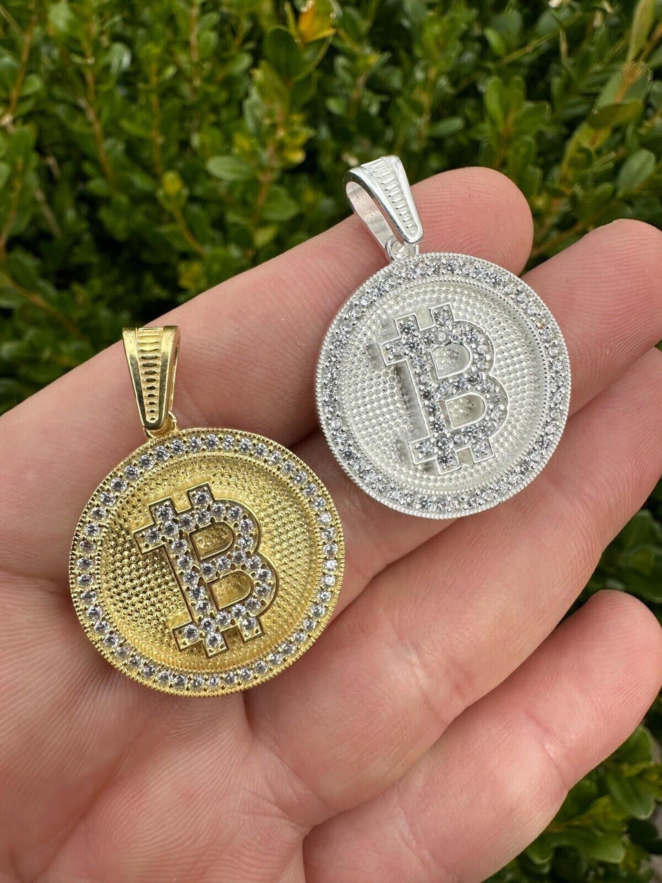 Real 925 Silver 14K Gold Plated Iced Letter B BITCOIN CZ Pendant Necklace HipHop