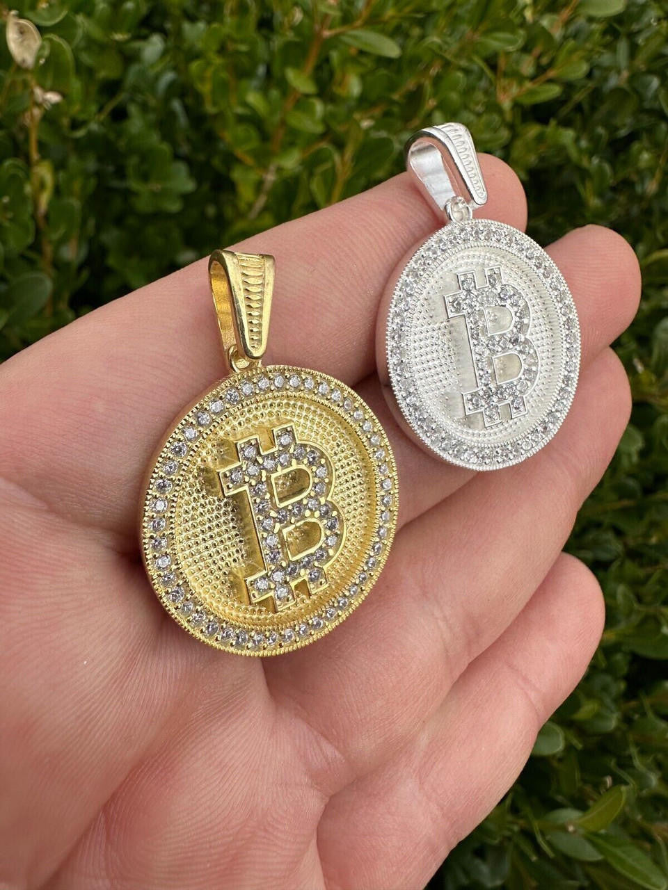 Real 925 Silver 14K Gold Plated Iced Letter B BITCOIN CZ Pendant Necklace HipHop