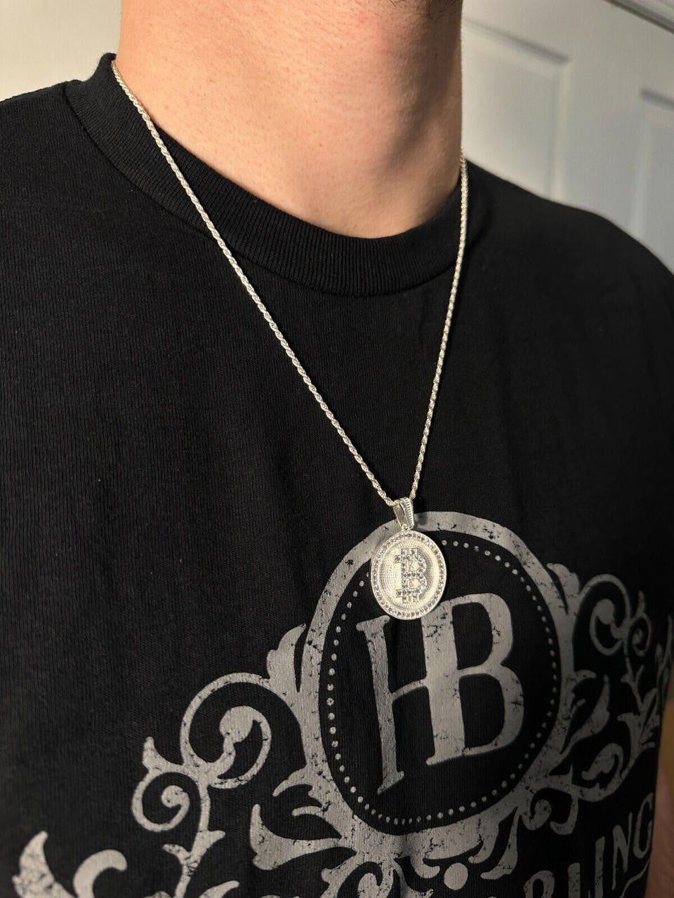 Real 925 Silver 14K Gold Plated Iced Letter B BITCOIN CZ Pendant Necklace HipHop