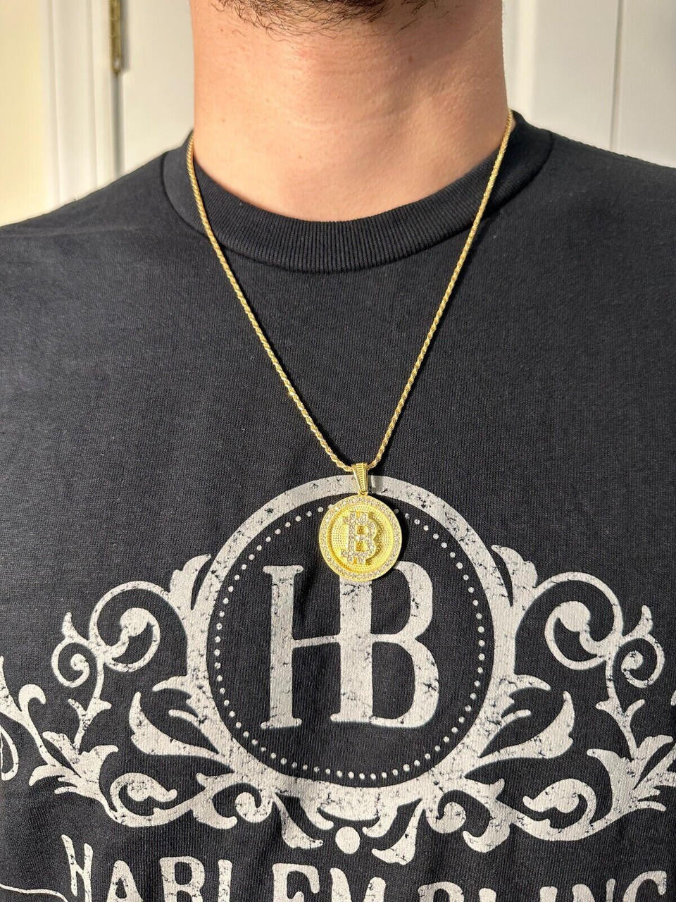 Real 925 Silver 14K Gold Plated Iced Letter B BITCOIN CZ Pendant Necklace HipHop