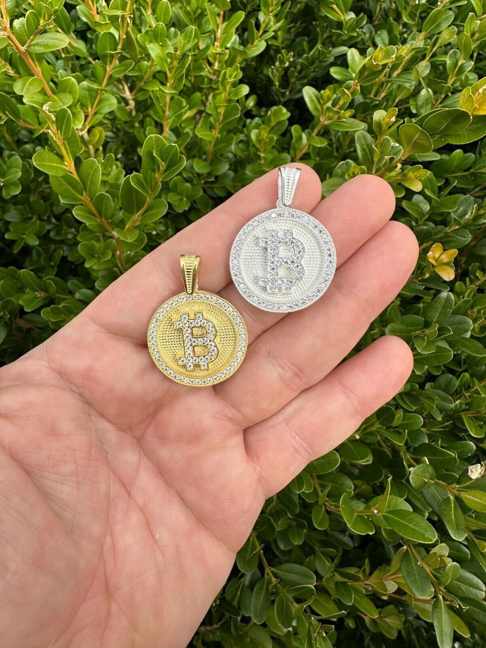 Real 925 Silver 14K Gold Plated Iced Letter B BITCOIN CZ Pendant Necklace HipHop