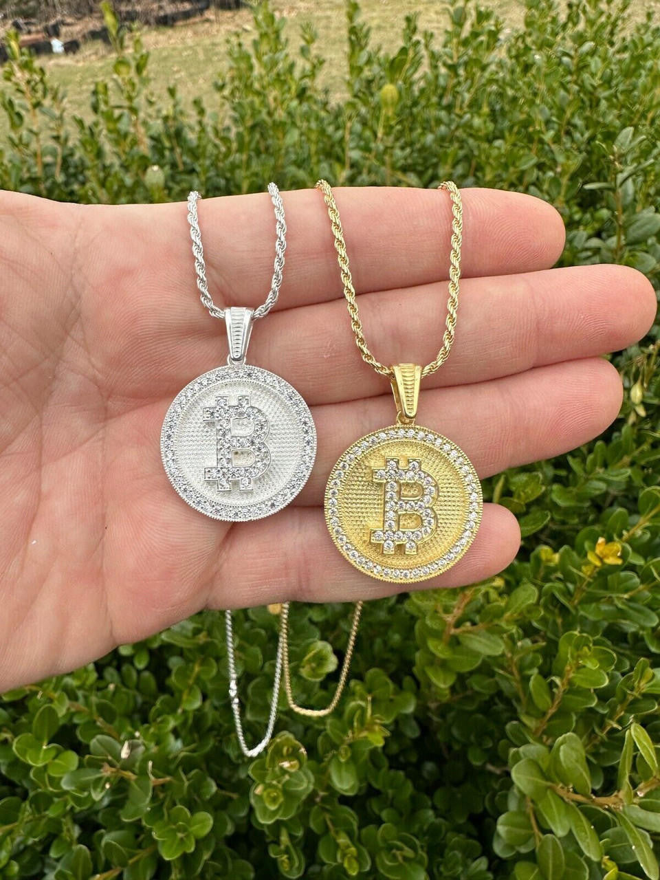 Real 925 Silver 14K Gold Plated Iced Letter B BITCOIN CZ Pendant Necklace HipHop